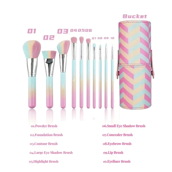 10 Piece High-Quality Gradient Colorful Makeup Brushes W/Vegan Leather Snap Case - Picture 4 of 14